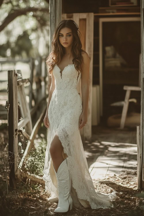 a woman wears a white strapless wedding dress and white cowboy boots