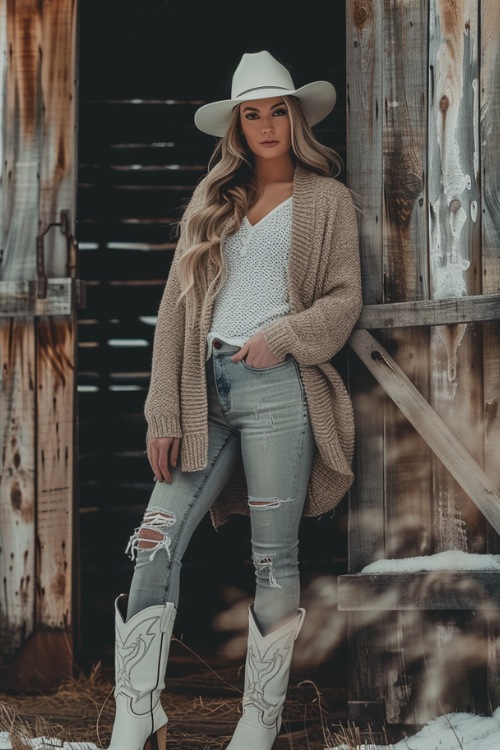 a woman wears a white top, ripped jeans, cardigan and white cowboy boots