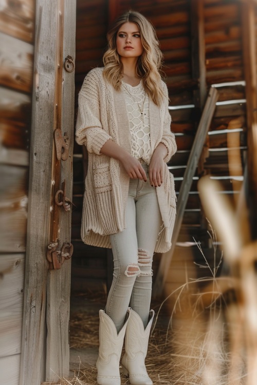 a woman wears a white top, ripped jeans, cream cardigan and white cowboy boots