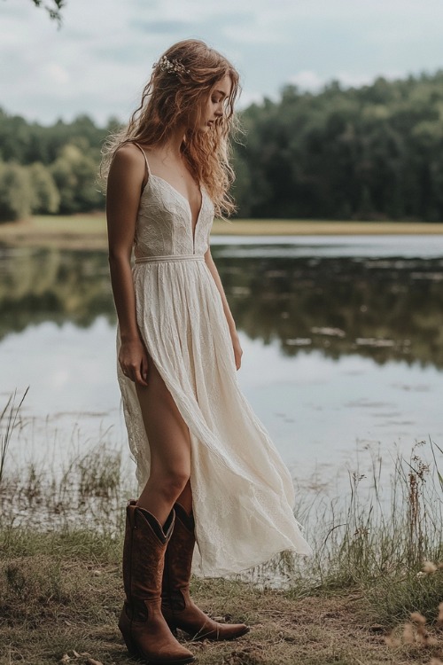 a woman wears a white wedding dress and brown cowboy boots