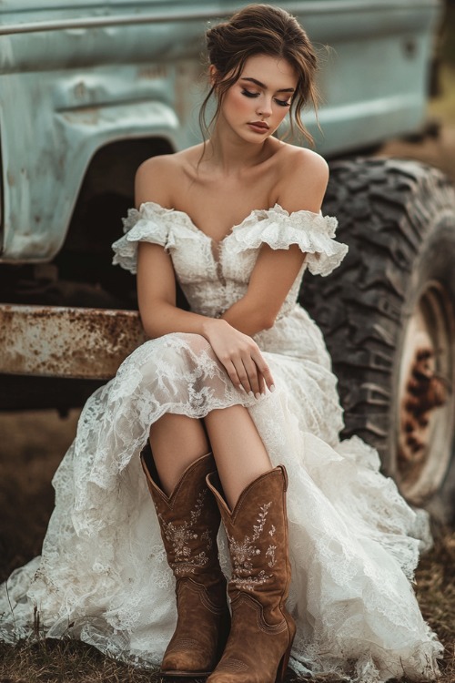 a woman wears a white wedding dress with off shoulder sleeves and brown cowboy boots