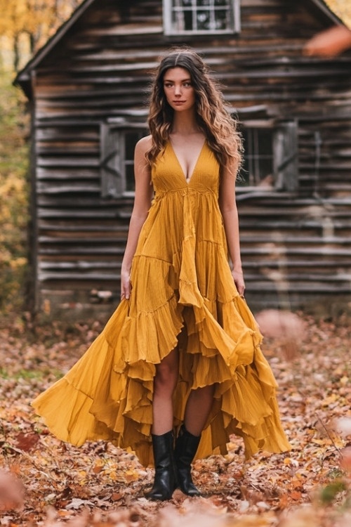 a woman wears a yellow V neck wedding guest dress with short black boots