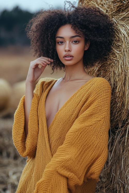 a woman wears a yellow knit wedding guest dress with a V neck (2)