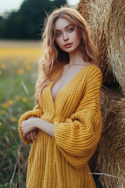 a woman wears a yellow knit wedding guest dress with a V neck