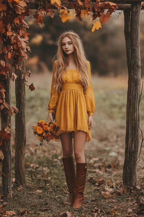 a woman wears a yellow long-sleeve mini wedding guest dress and brown boots