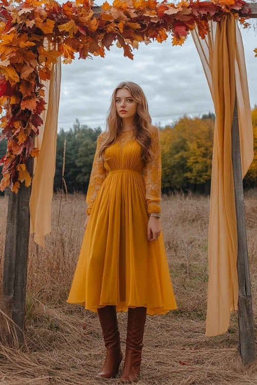 a woman wears a yellow long-sleeve wedding guest dress and brown boots