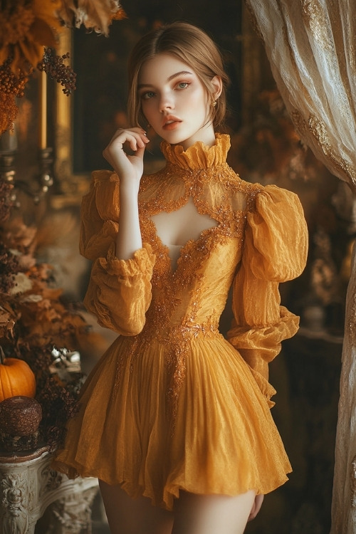 a woman wears a yellow mini wedding guest dress with puff sleeves