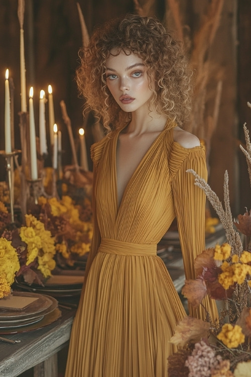 a woman wears a yellow pleated wedding guest dress with a V neckline