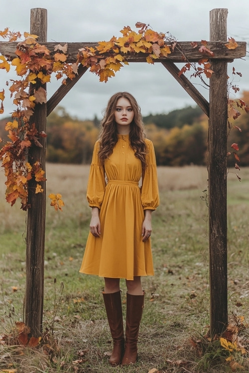 a woman wears a yellow wedding guest dress and brown bootsa woman wears a yellow wedding guest dress and brown boots