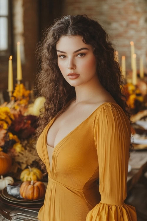 a woman wears a yellow wedding guest dress with a plunging neckline