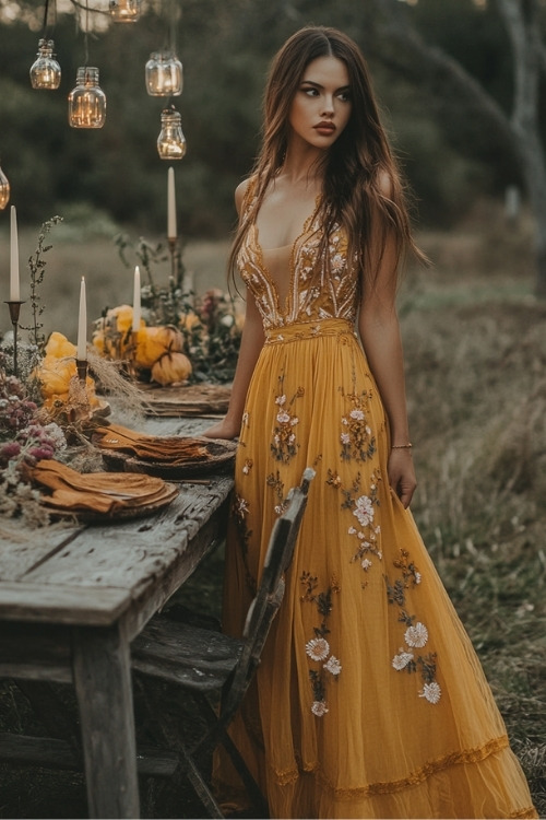 a woman wears a yellow wedding guest dress with floral details