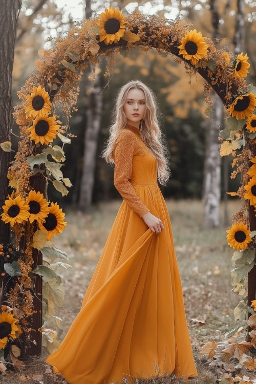 a woman wears a yellow wedding guest dress with long sleeves (2)