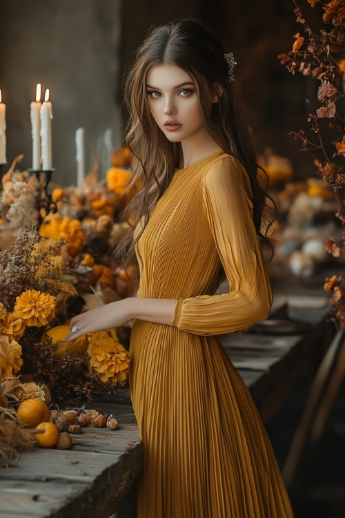 a woman wears a yellow wedding guest dress with long sleeves