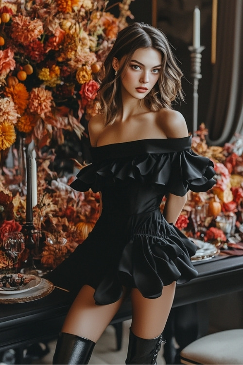 a woman wears an off shoulder black ruffle wedding guest dress and tall black boots