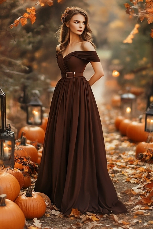 a woman wears an off shoulder brown wedding guest dress