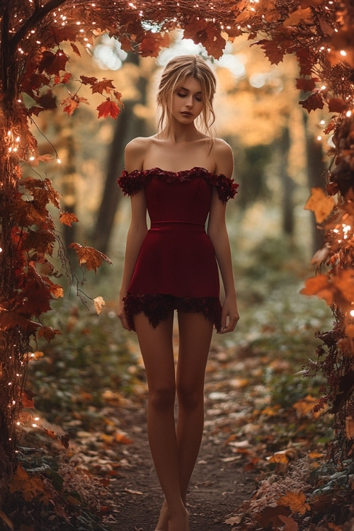 a woman wears an off shoulder burgundy wedding guest dress