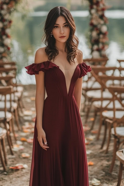 a woman wears an off shoulder burgundy wedding guest dress