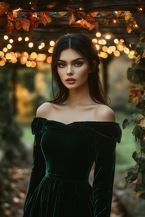 a woman wears an off shoulder green velvet wedding guest dress with long sleeves