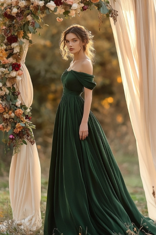 a woman wears an off shoulder green wedding guest dress