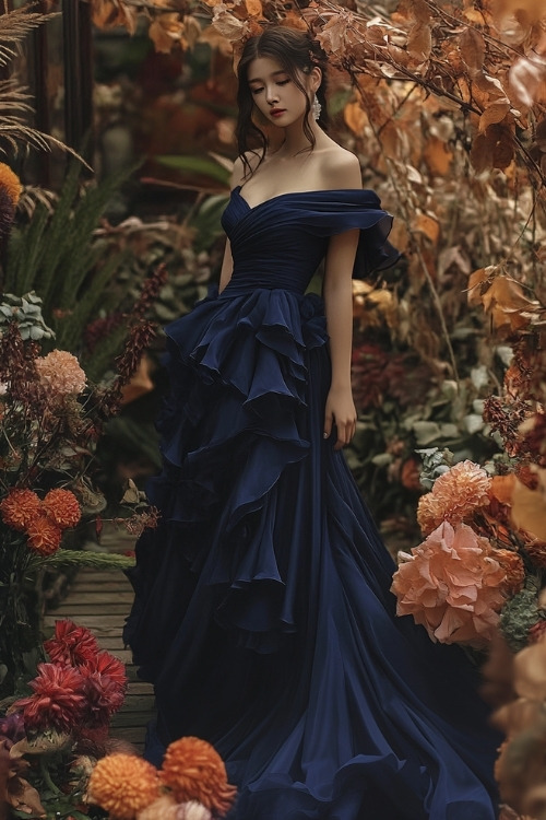 a woman wears an off shoulder navy wedding guest dress with a ruffle tiered skirt