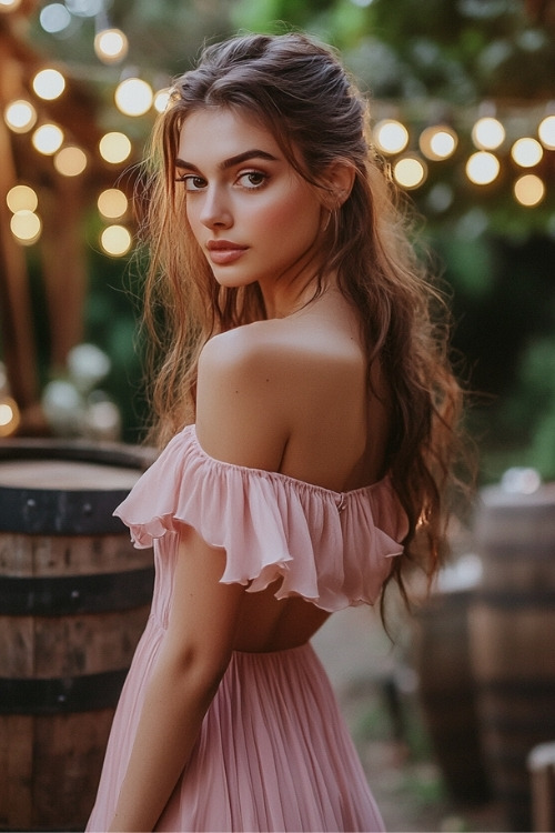 a woman wears an off shoulder pink wedding guest dress