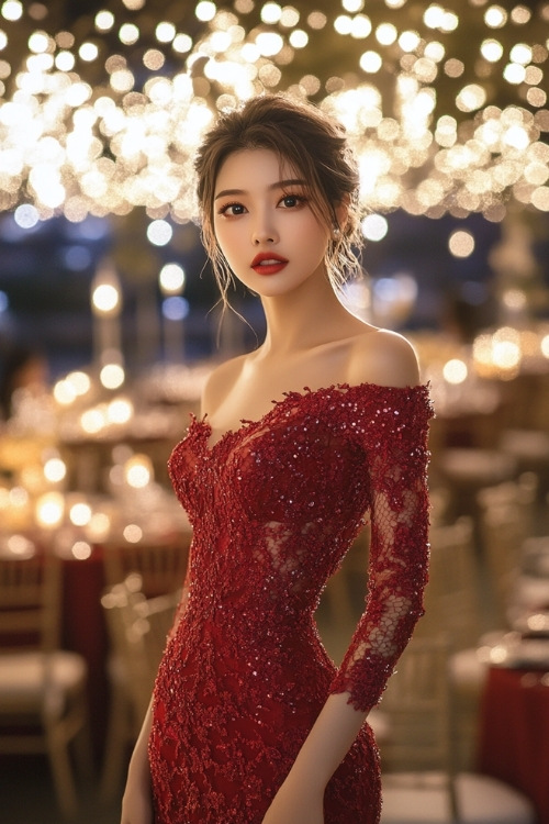 a woman wears an off shoulder red lace wedding guest dress with long sleeves