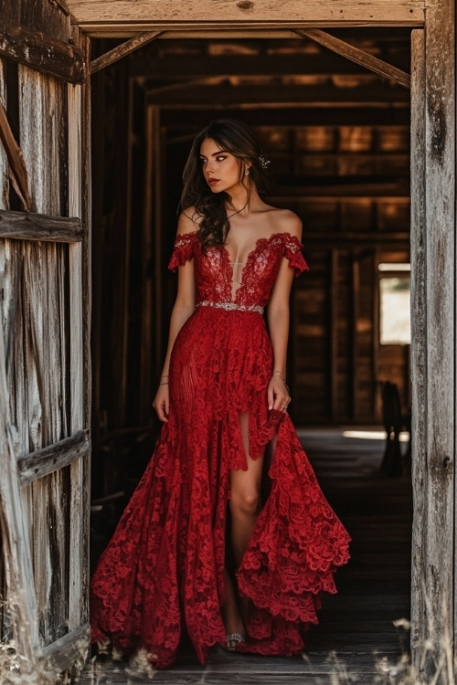 a woman wears an off the shoulder red lace wedding guest dress