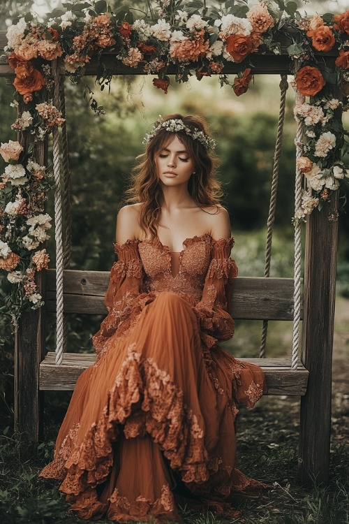 a woman wears an off the shoulder rust wedding guest dress with ruffle details