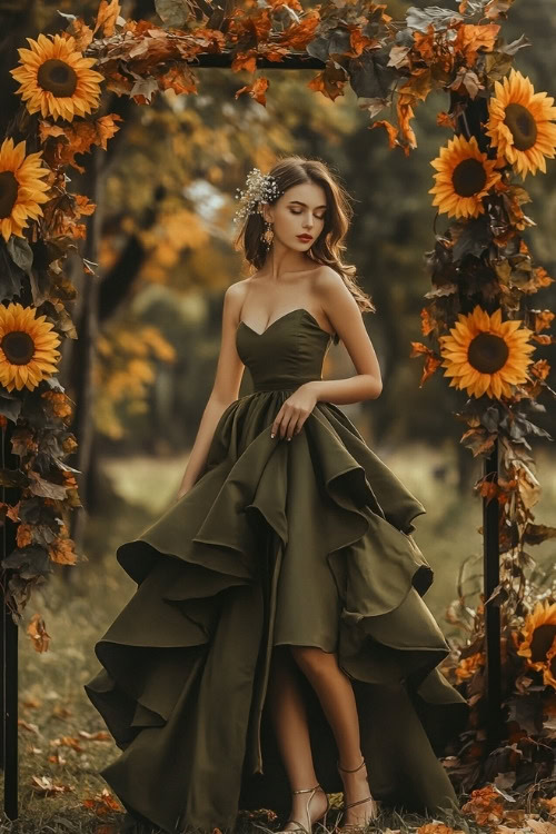 a woman wears an olive green strapless wedding guest dress