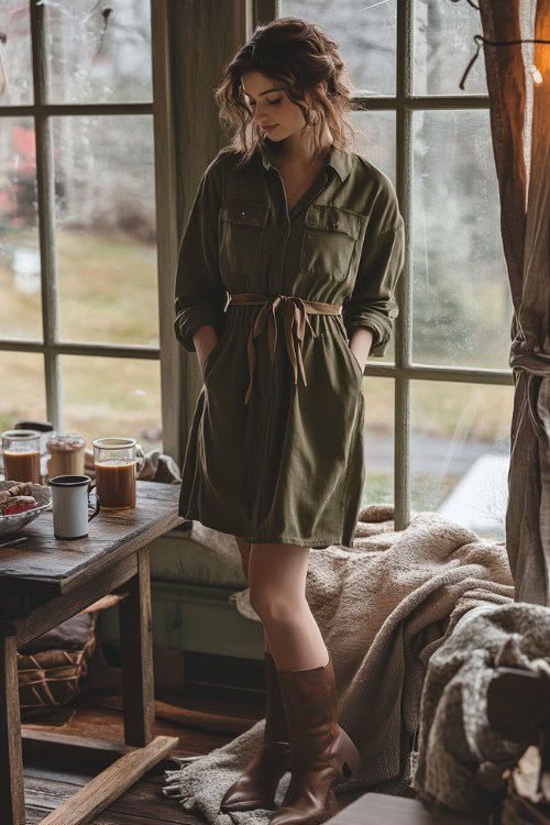 a woman wears an olive green wedding guest dress with brown boots