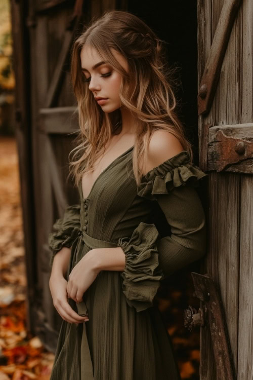 a woman wears an olive green wedding guest dress with long sleeves