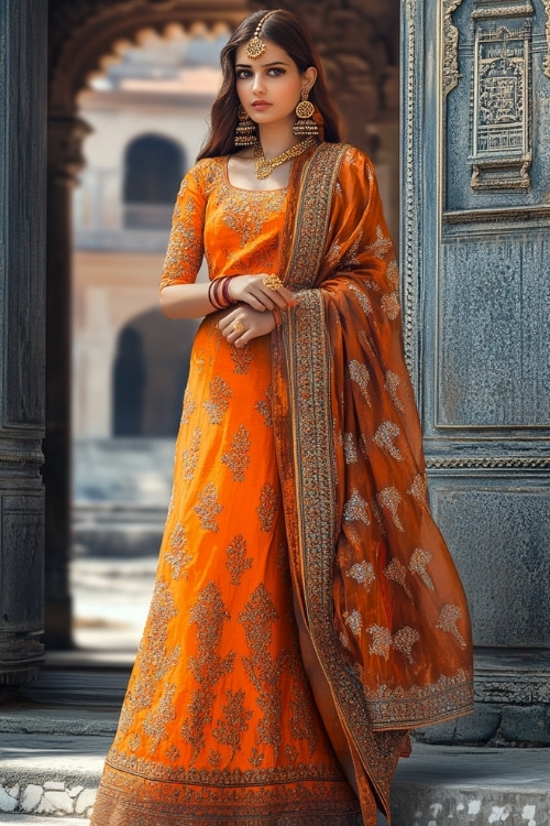 a woman wears an orange lehenga as a wedding guest dress with a matching dupatta (3)