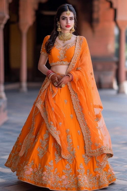 a woman wears an orange lehenga as a wedding guest dress with a matching dupatta (4)