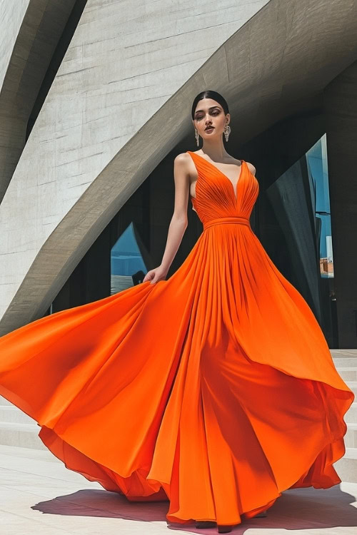 a woman wears an orange wedding guest dress with a pleated skirt