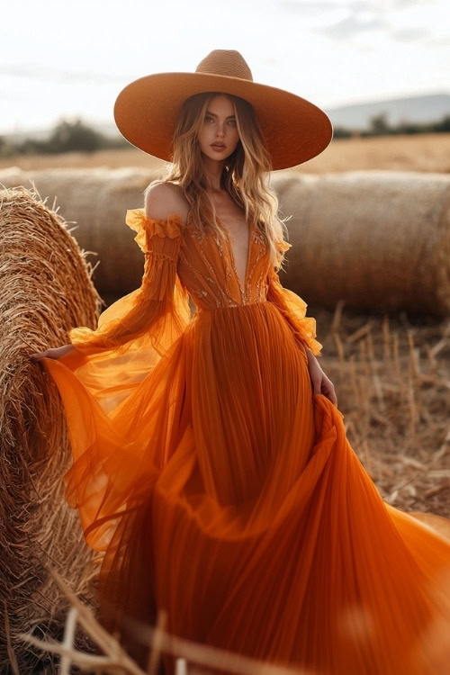 a woman wears an orange wedding guest dress with a wide brimmed hat