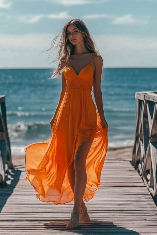 a woman wears an orange wedding guest dress with spaghetti straps