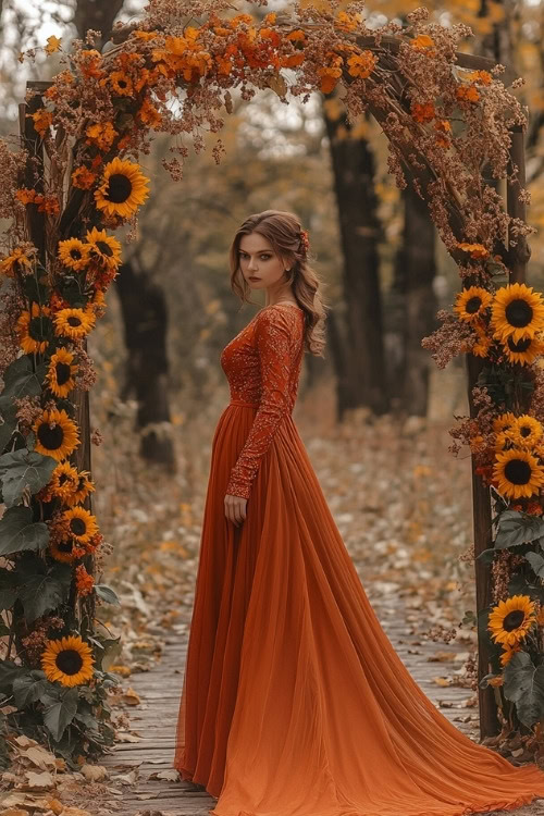 a woman wears an orange wedding guest dress witth long sleeves