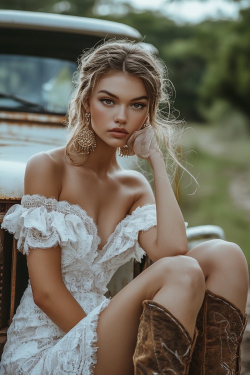 a woman wears anoff shoulder white wedding dress with a V neckline and brown cowboy boots