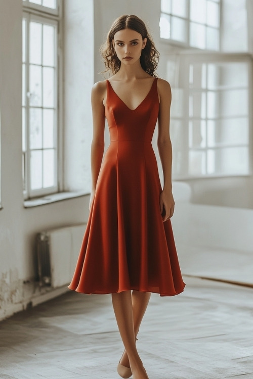 woman wears a V neck burnt orange wedding guest cocktail dress and beige heels