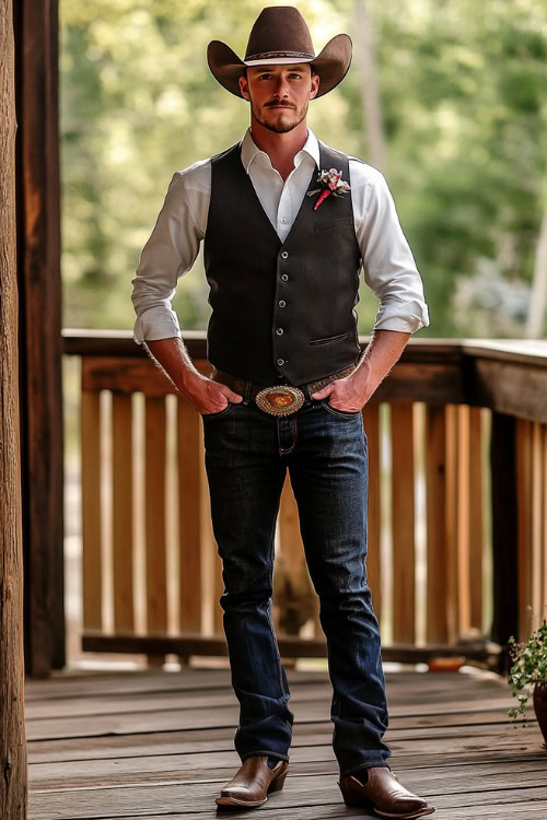 A man wears a white shirt, black vest, jeans and brown cowboy boots