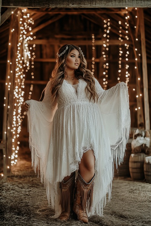 A plus-size bride in a flowy, fringe boho-inspired ivory dress with bell sleeves and fringed brown cowboy boots, standing by a rustic barn adorned with fairy lights at a Western wedding