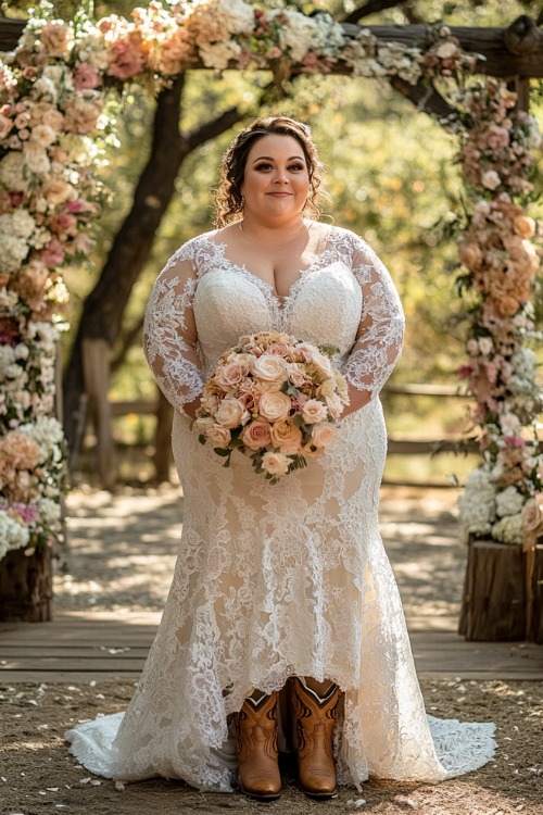 A plus-size bride in a modest lace dress with three-quarter sleeves and tan cowboy boots, standing in front of a floral archway at a Western wedding ceremony (2)