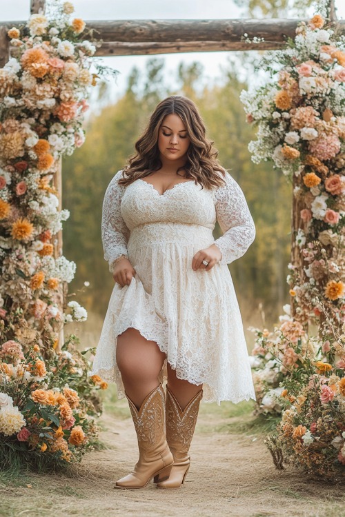 A plus-size bride in a modest lace dress with three-quarter sleeves and tan cowboy boots, standing in front of a floral archway at a Western wedding ceremony