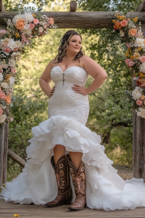 A plus-size bride in a strapless, ruffled wedding gown with brown embroidered cowboy boots, posing in front of a rustic wooden arch decorated with flowers at a Western wedding