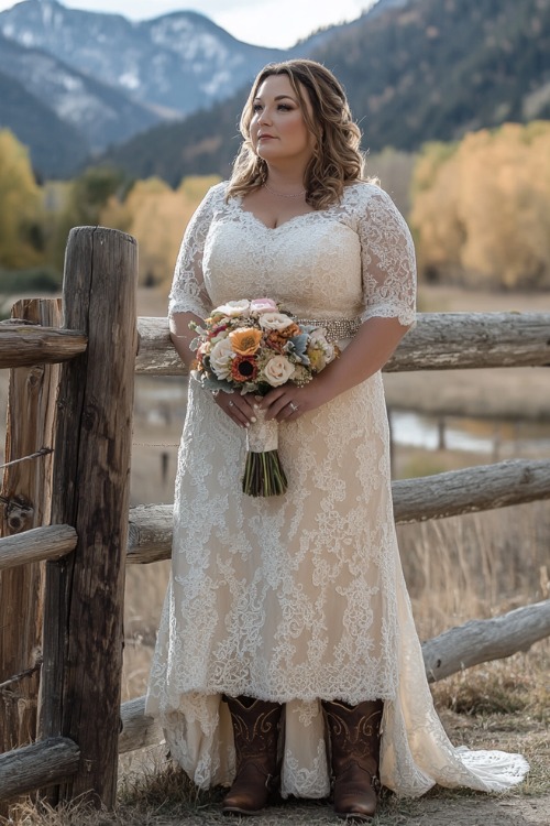 A plus-size bride in a vintage-inspired lace dress with cap sleeves and brown cowboy boots, standing by a rustic fence with mountains in the background at a Western wedding