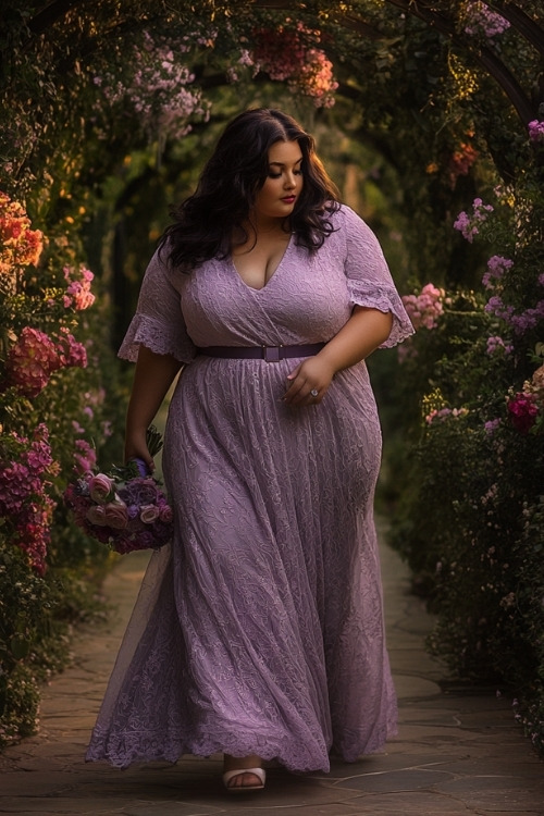 A plus size woman wears a long lavender lace wedding guest dress with short sleeves