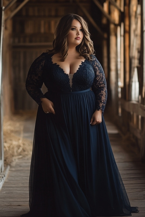 A plus size woman wears a long navy blue wedding guest dress with lace sleeves