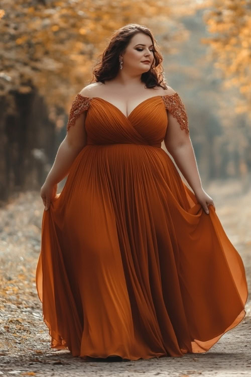 A plus size woman wears a long rust wedding guest dress with short lace sleeves