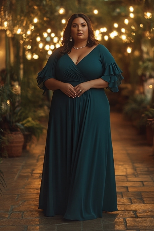 A plus size woman wears a long teal wedding guest dress with flutter sleeves