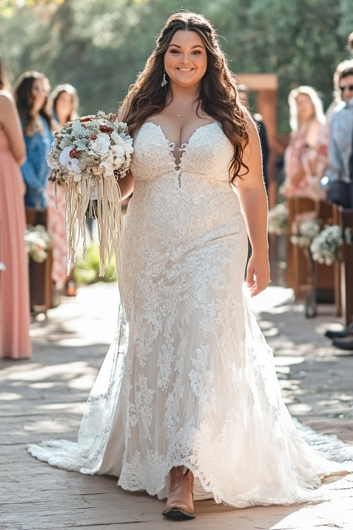 A plus-size woman wears a white lace wedding dress and brown cowboy boots